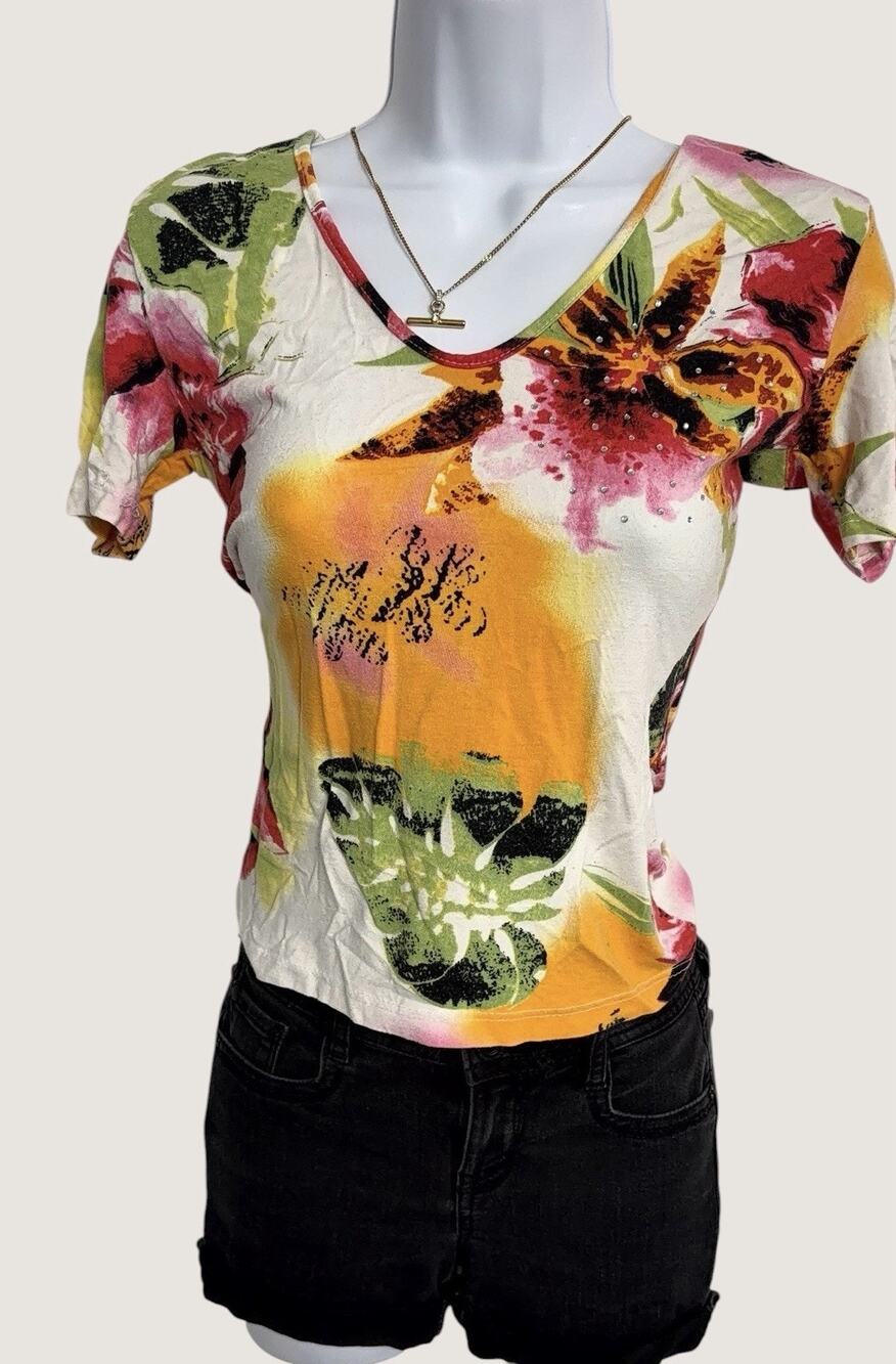 Women’s Floral Print Short Sleeve Top | Tropical Botanical | Bright Multicolor
